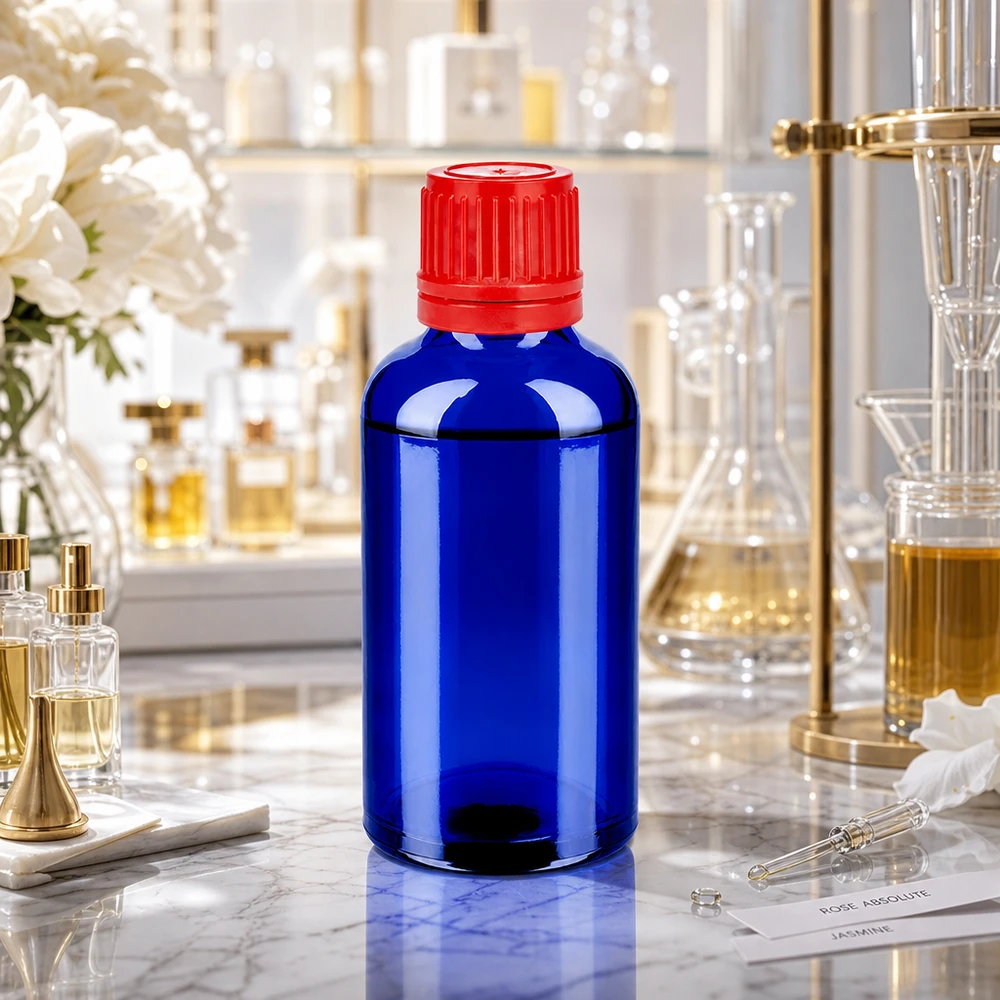 Frasco compacto de 50 ml em azul elegante com tampa SV vermelha 11 mm OV BlueLine UT18/50