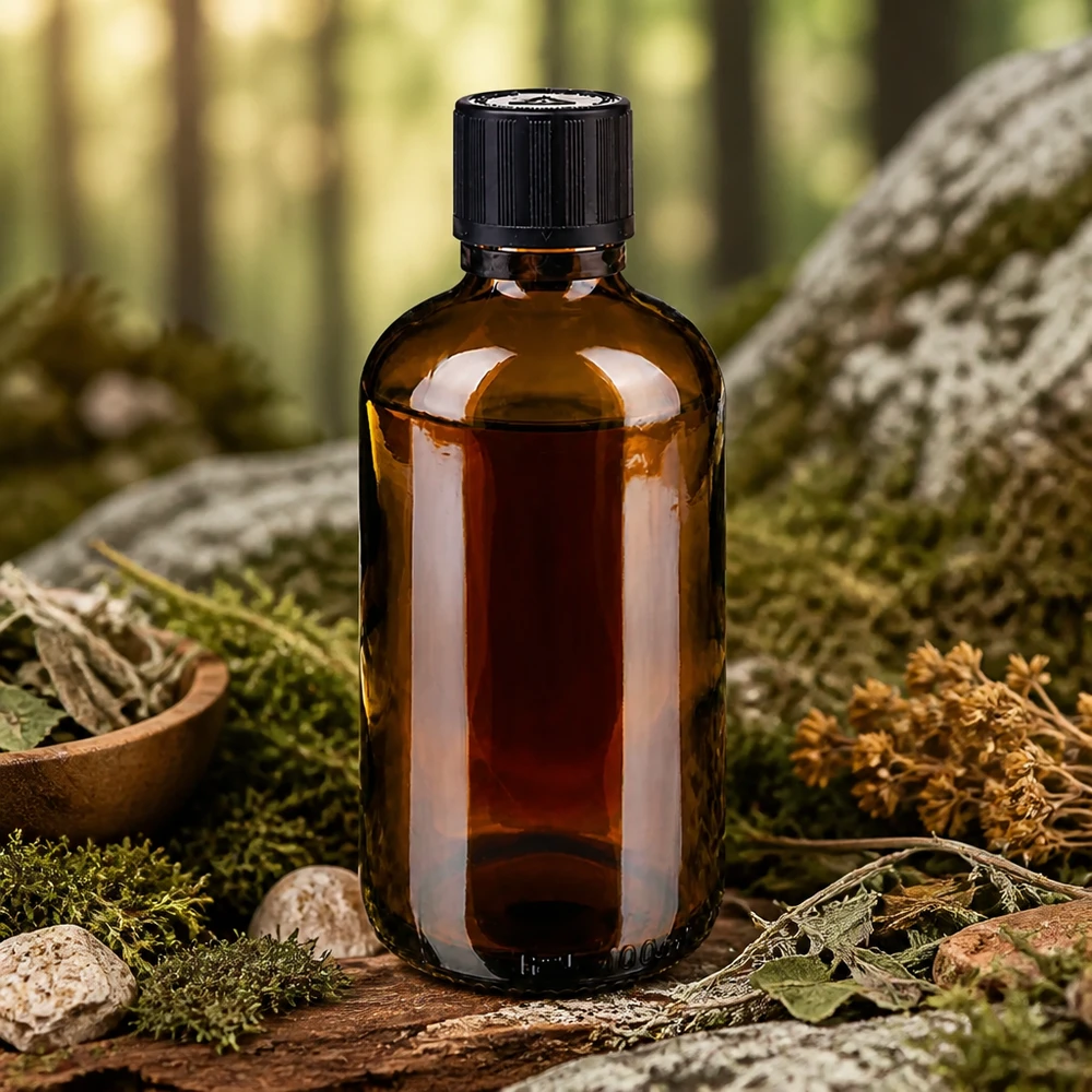 Frasco de farmácia castanho 100ml tampa com conta-gotas Premium 1mm preto Símbolo de aviso inviolável resistente a crianças Tampa inviolável Frasco conta-gotas de vidro castanho de 100 ml com tampa de segurança preta, sobre musgo entre ervas medicinais na floresta