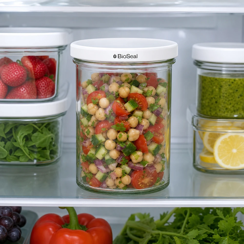 O frasco UNiTWIST de 435 ml no frigorífico, cheio de salada de grão-de-bico, mostra como é prático guardar a Preparação de Refeições