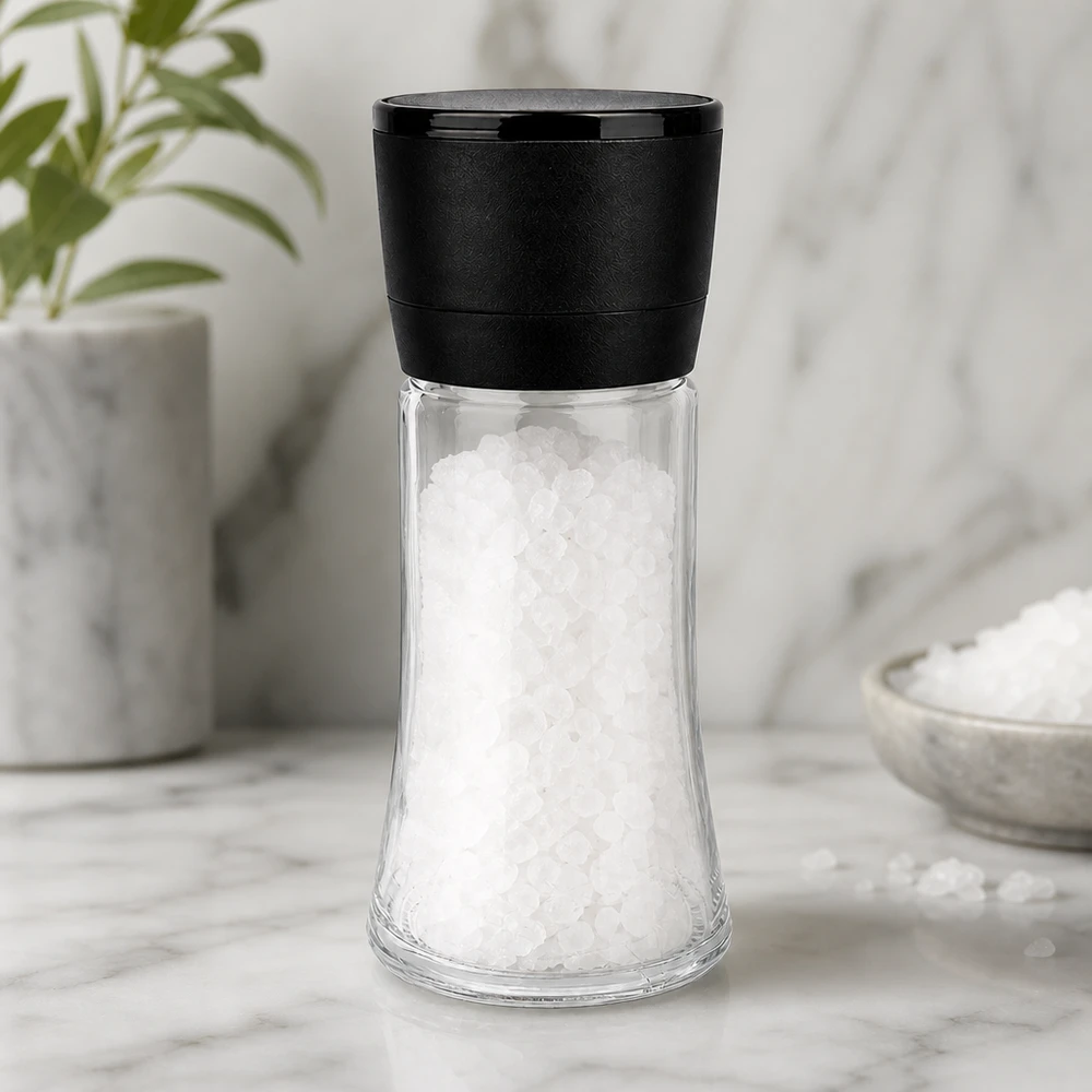 Frasco para sal/especiarias de 95 ml com moinho Vario preto Moinho de sal de 95 ml com mecanismo de moagem preto, cheio de sal marinho grosso, sobre uma base de mármore