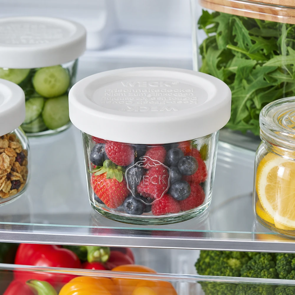 Copos WECK 35ml RR40 com bagas mistas no frigorífico, armazenamento prático de alimentos com tampa de frescura