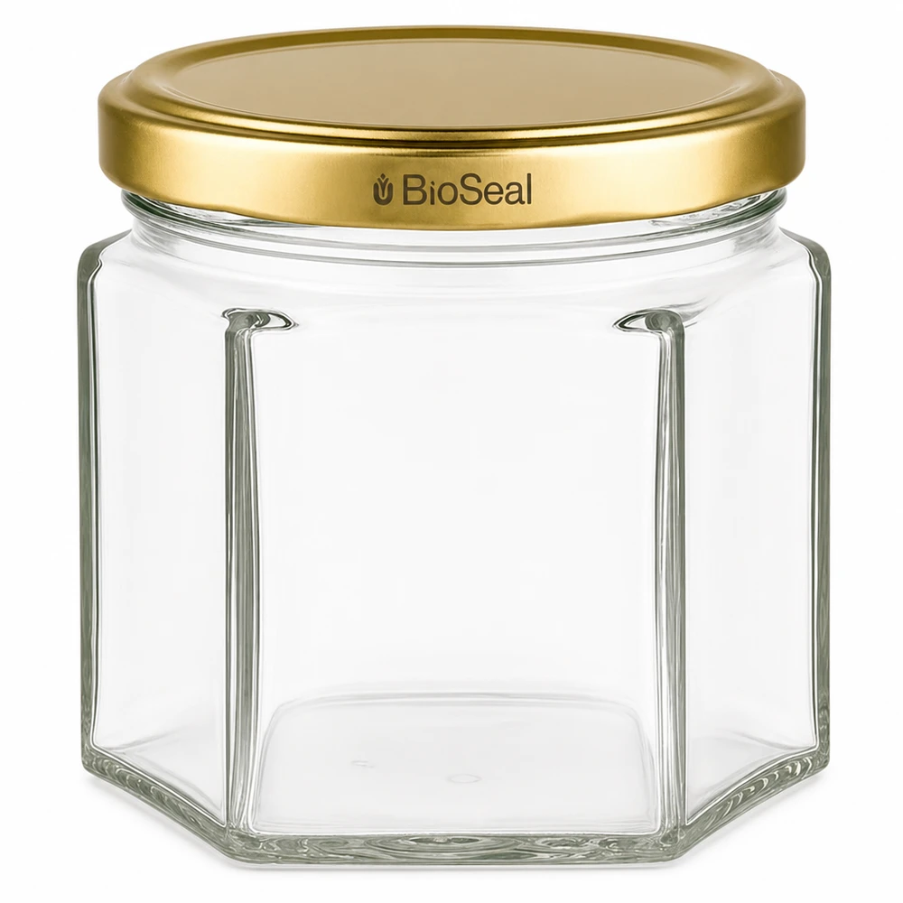 Frasco de vidro hexagonal UNiTWIST Hexa47 com tampa dourada TO43 BioSeal para conservação e armazenamento