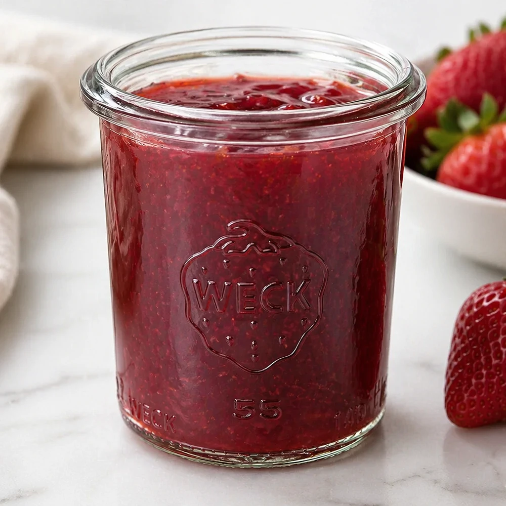 Copos de vidro de 140 ml WECK RR60 Copos WECK 140ml RR60 cheios de compota de morango vermelho ao lado de morangos frescos numa superfície branca