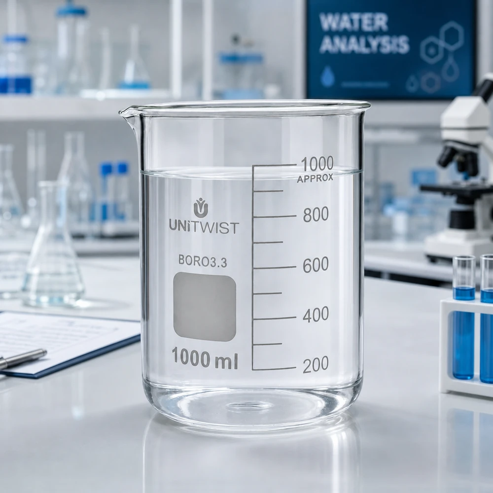 Copo 1000 ml de borossilicato, baixo teor de bolor UNiTWIST Copo de vidro UNiTWIST de 1000 ml, de borossilicato, de formato baixo, com água no laboratório de análise