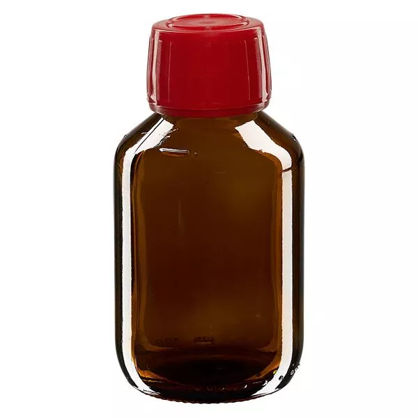Frasco de remédio de 100ml marrom, tampa vermelha com anel inviolável ApoGlas Frasco de remédio de 100ml marrom, tampa vermelha com anel inviolável ApoGlas