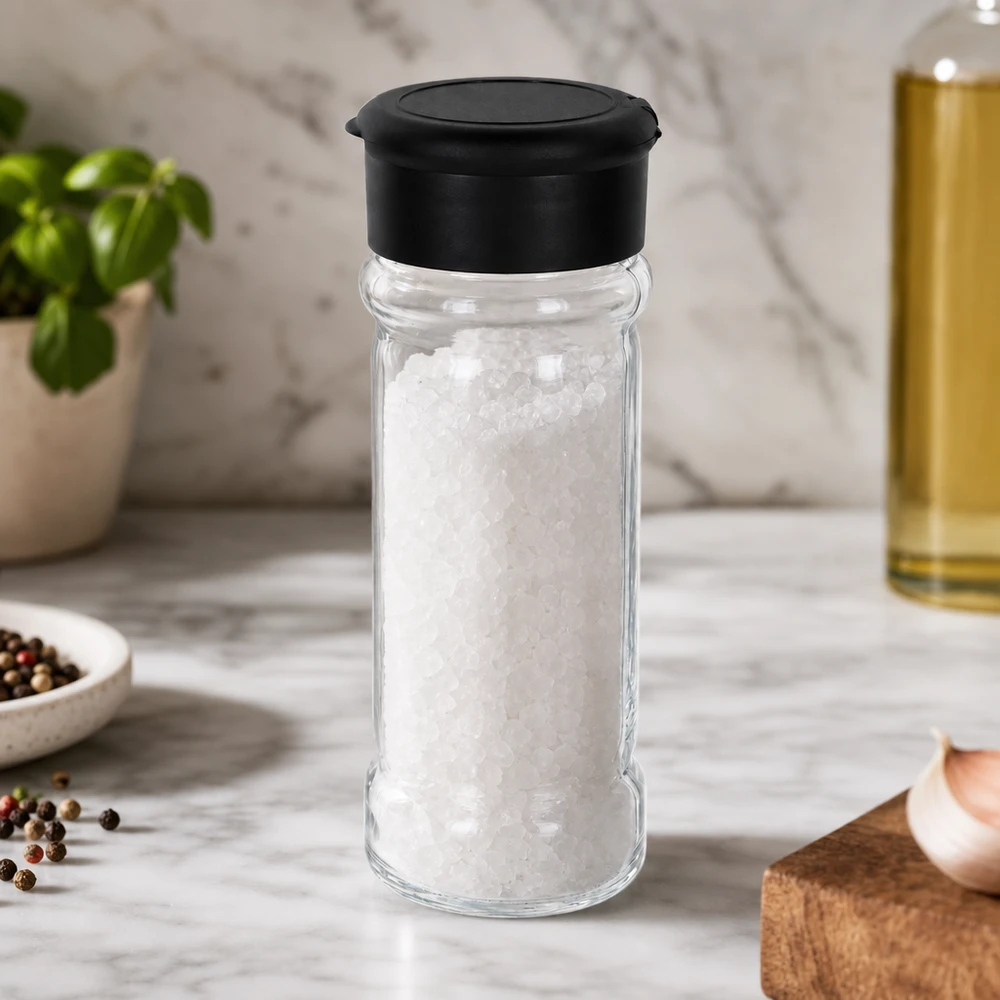 Frasco para especiarias de 100 ml, cheio de sal marinho grosso, com tampa espalhadora preta sobre uma base de mármore