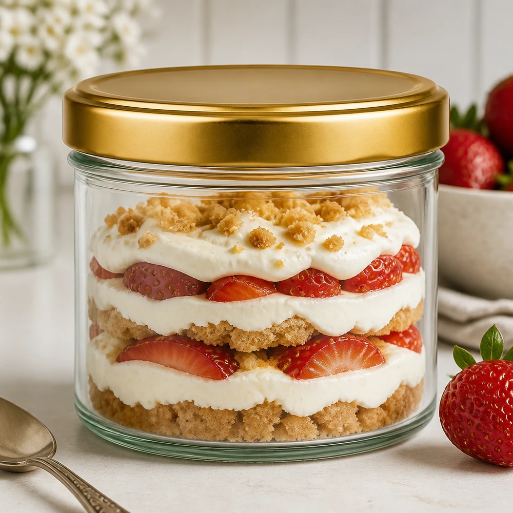 Frasco cilíndrico de 230 ml + tampa BasicSeal dourada UT 230ml Zylinderglas mit goldenem BasicSeal Deckel als schickes Dessertglas für geschichtetes Erdbeer-Trifle Nachtisch