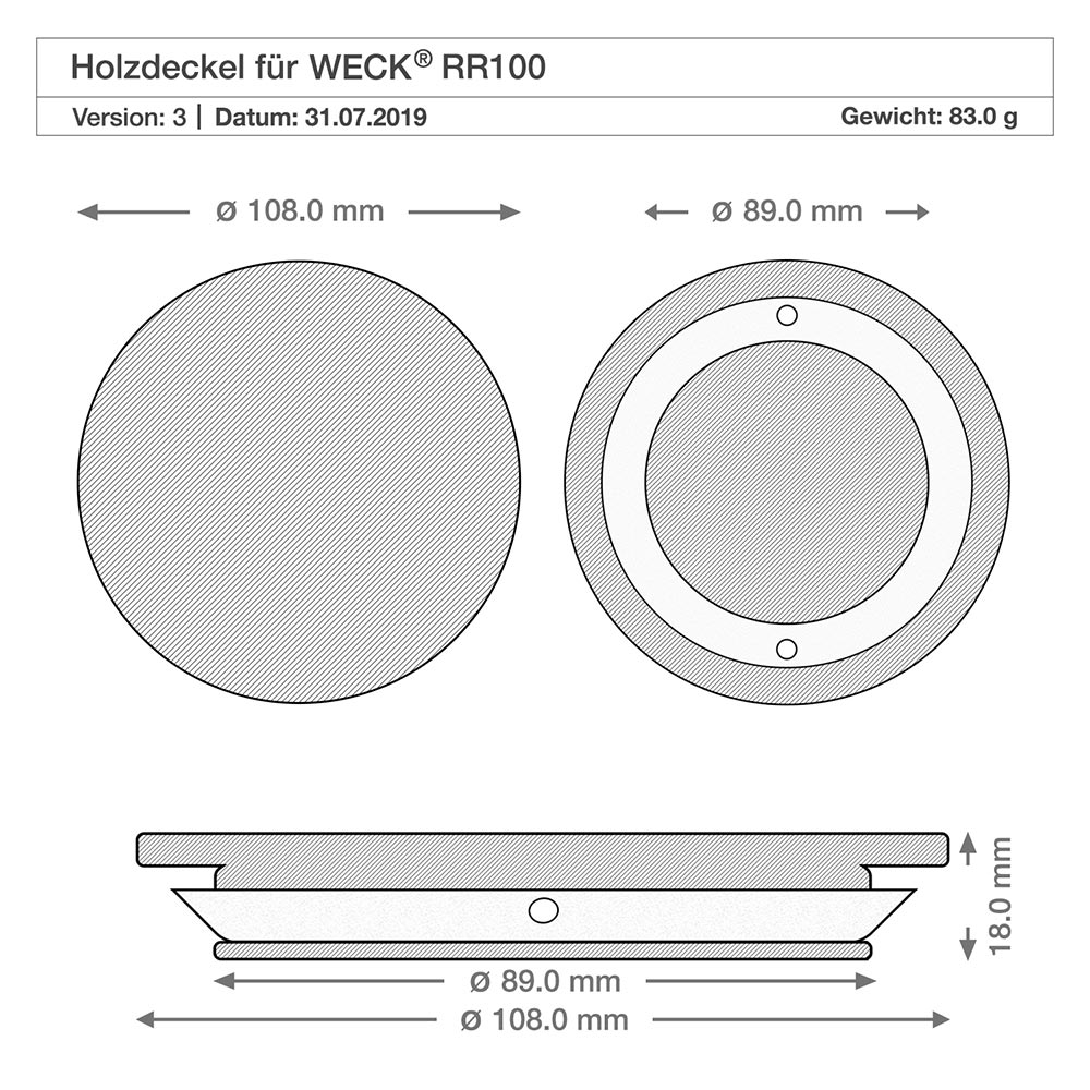 Frasco cilíndrico de 1590ml WECK RR100 com tampa de madeira Desenho técnico da tampa de madeira para o jarro WECK RR100 com as dimensões 108mm 89mm 18mm de diâmetro Altura Especificação