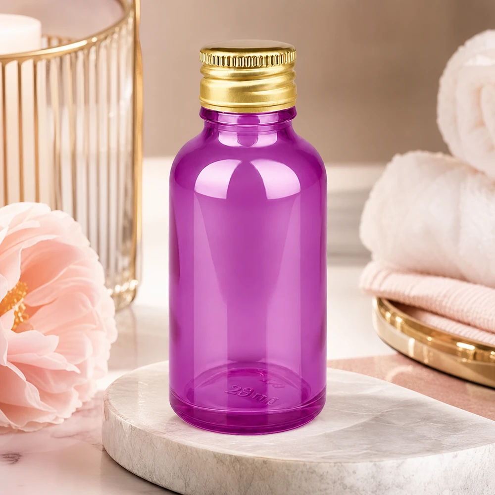 Frasco de 30 ml com tampa de rosca de 11 mm em alumínio dourado padrão PurpleLine. UT18/30 Frasco de vidro violeta de 30 ml com tampa de rosca dourada, ideal para substâncias e soros sensíveis à luz