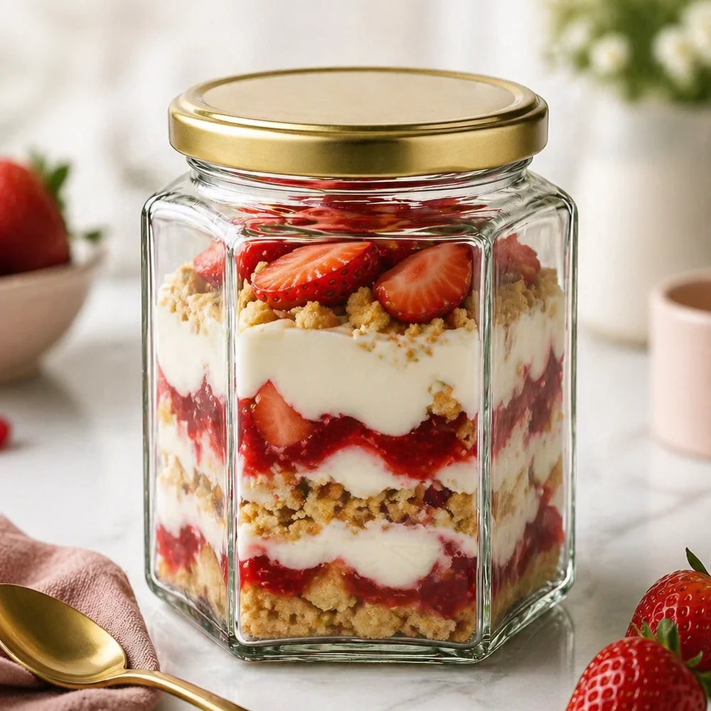 Boião de mel BasicSeal UT de 500 g como boião de sobremesa para trifle de morango com migalhas de biscoito de creme tampa hexagonal dourada