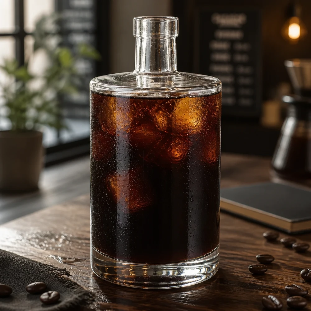700ml Glasflasche "Galileo" ohne Verschluss UNiTWIST® Garrafa de vidro de 700 ml de Marie cheia de café frio e cubos de gelo numa mesa de madeira com grãos de café no café