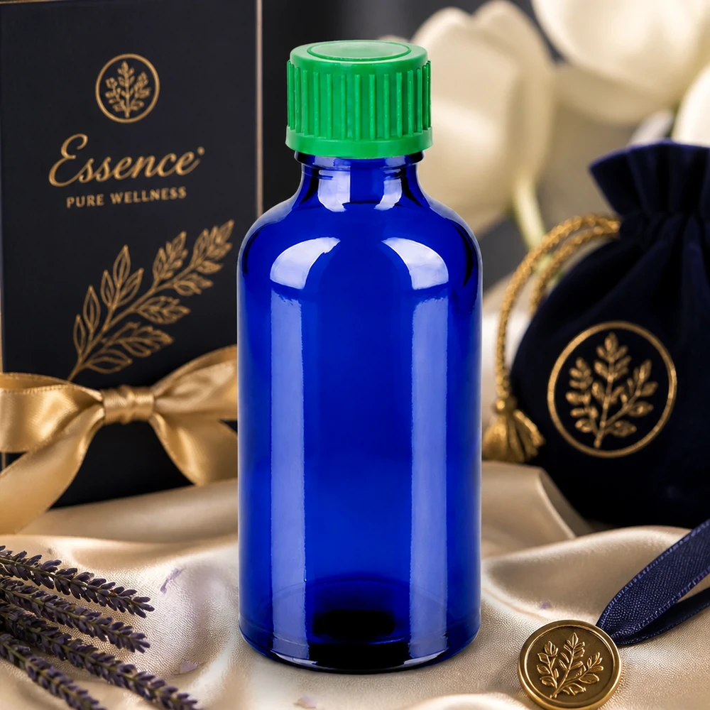 Frasco conta-gotas de 50ml 0.8mm verde tampa standard BlueLine UT18/50 Frasco de vidro de 50 ml de alta qualidade em azul-cobalto com tampa de rosca verde para cosméticos
