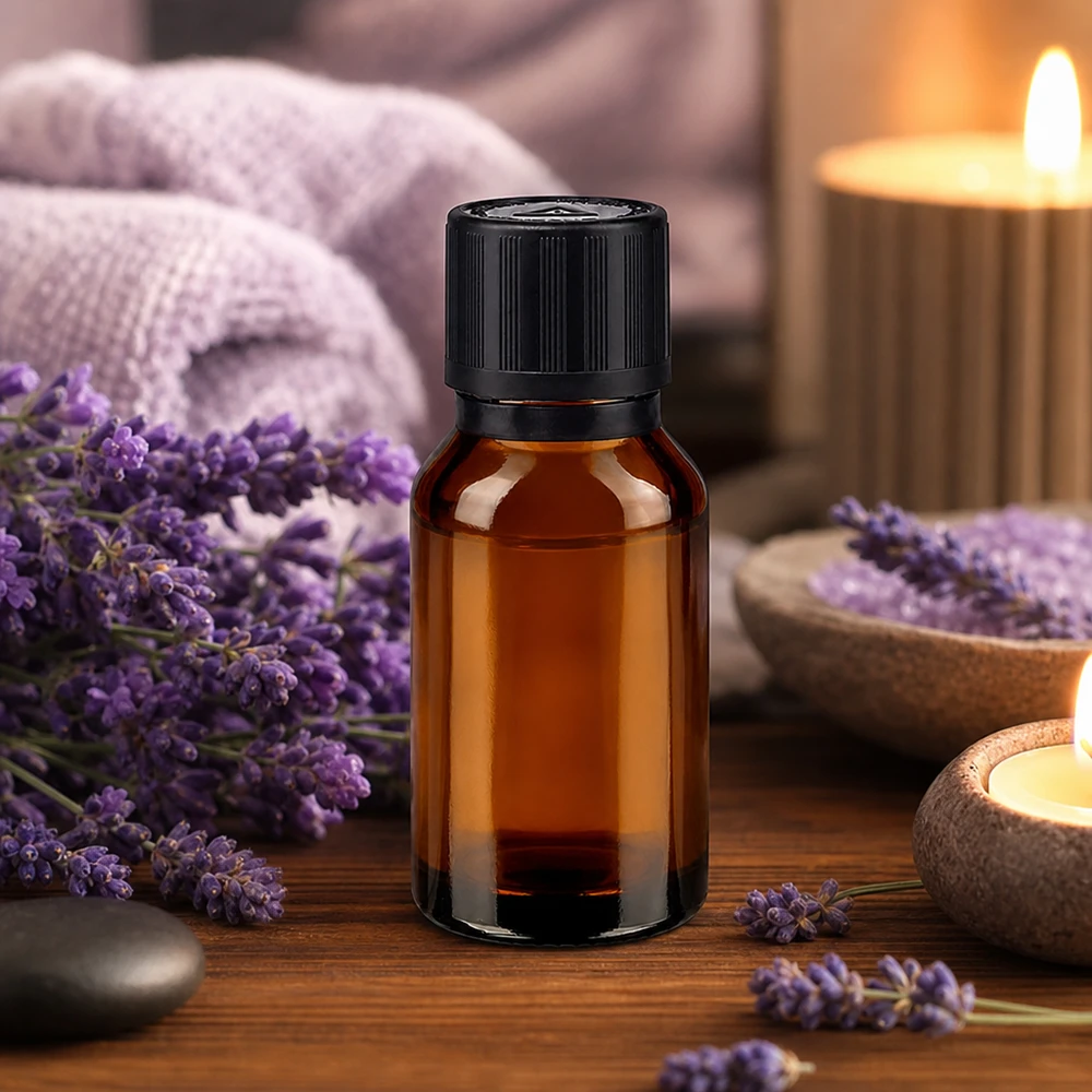 Pequeno frasco de farmácia de vidro castanho de 15 ml com conta-gotas, entre flores de lavanda roxas