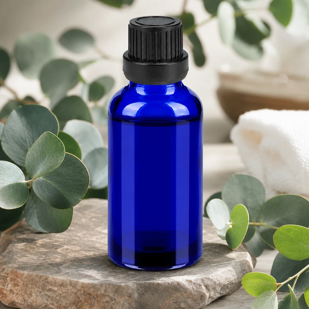 Frasco de 30 ml em vidro cobalto de alta qualidade com tampa de rosca preta para aromaterapia