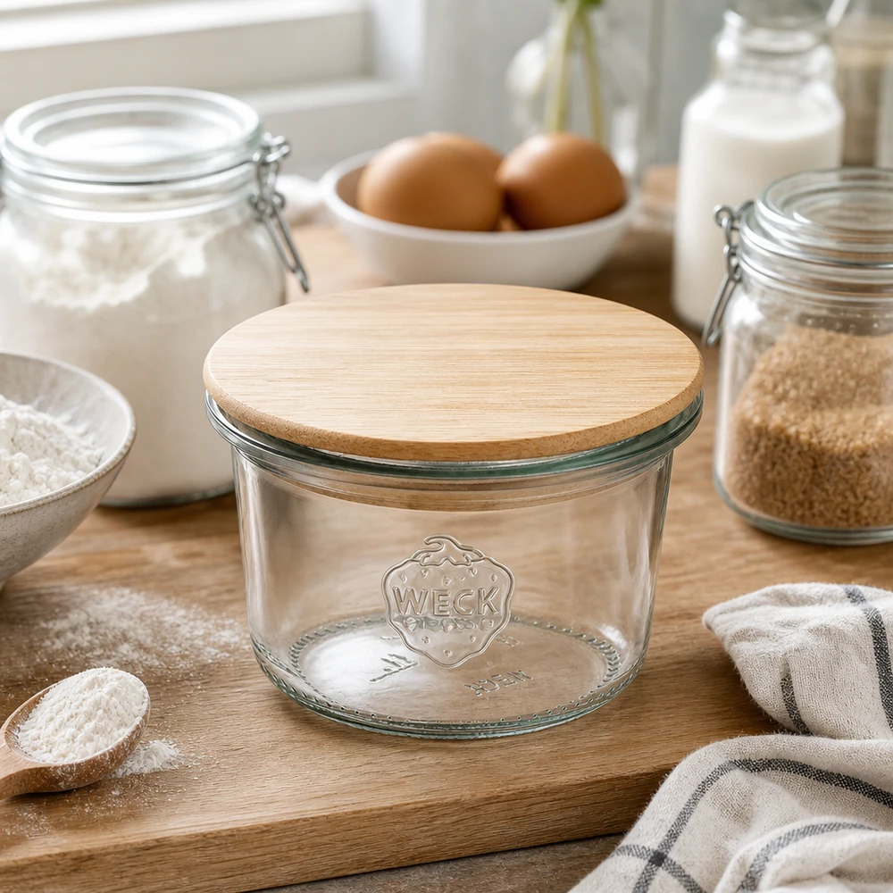 Copos WECK de 80 ml RR60 com tampa de bambu numa tábua de madeira rodeada de ingredientes de pastelaria, farinha, ovos e leite numa cozinha moderna
