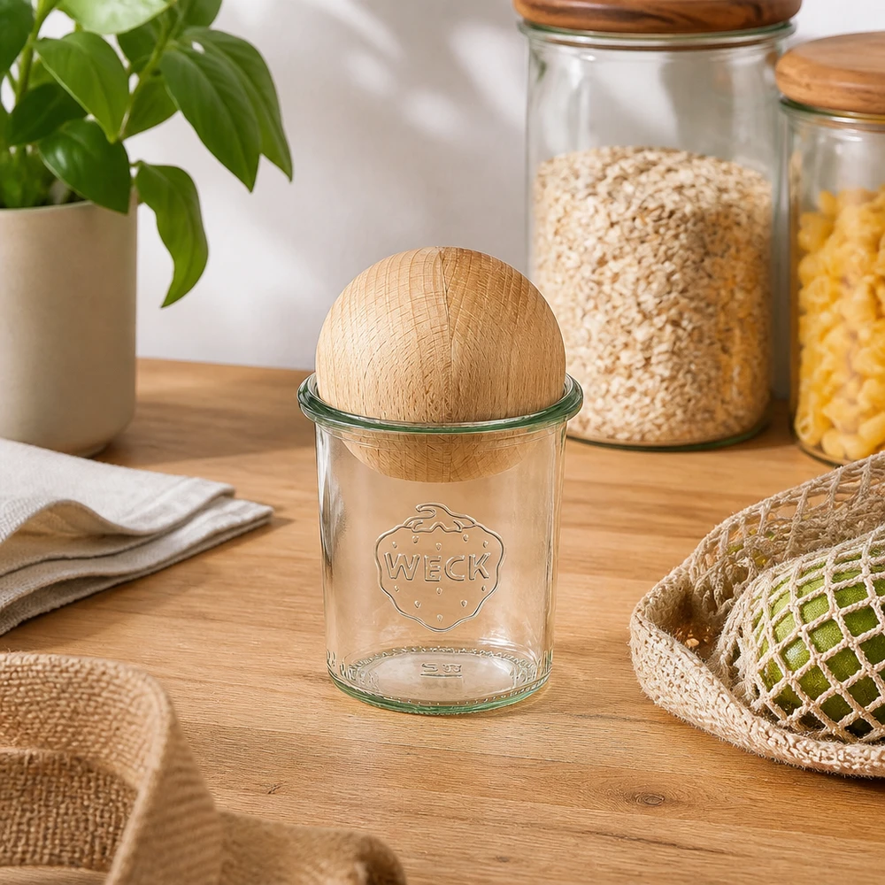 Frasco de vidro WECK RR60 de 160 ml com tampa de faia numa mesa de madeira, rodeado de utensílios de cozinha sustentáveis
