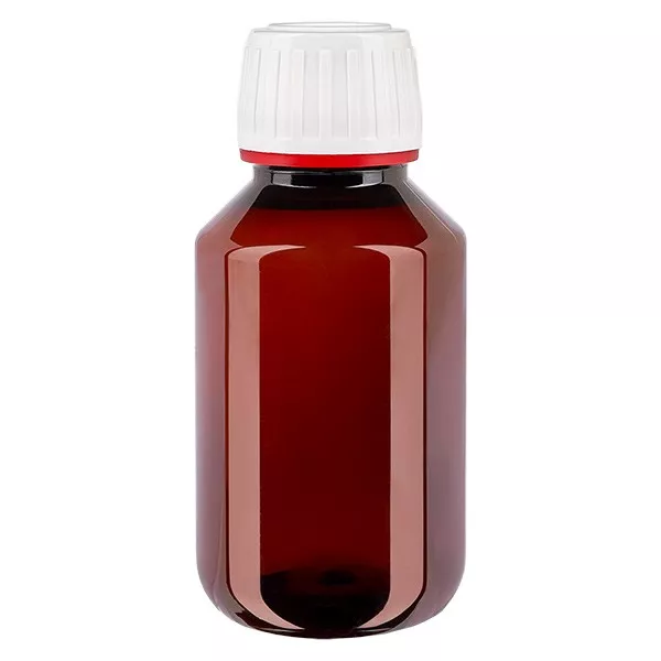 Frasco PET 100ml com tampa inviolável branca/vermelha Frasco PET 100ml com tampa inviolável branca/vermelha