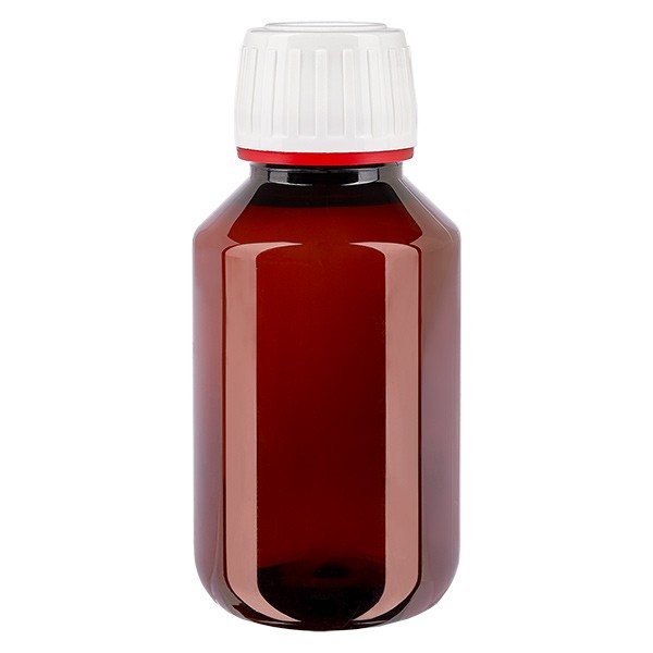 Frasco PET 100ml com tampa inviolável branca/vermelha Frasco PET 100ml com tampa inviolável branca/vermelha