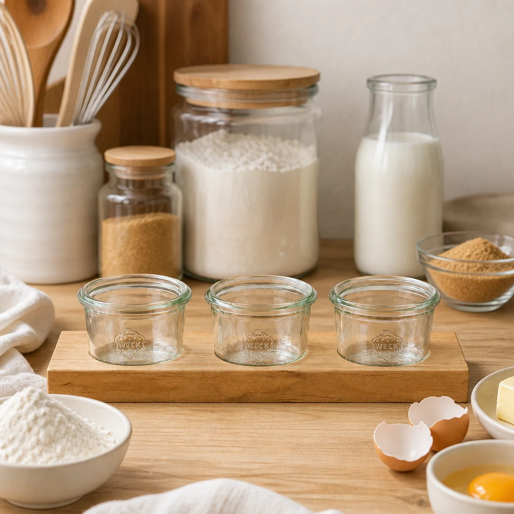 Tábua de servir Plano3 com 3 copos Weck de 80 ml Tábua de servir Plano3 com 3 copos Weck de 80 ml vazios em cima de uma bancada de madeira entre ingredientes de pastelaria e utensílios de cozinha