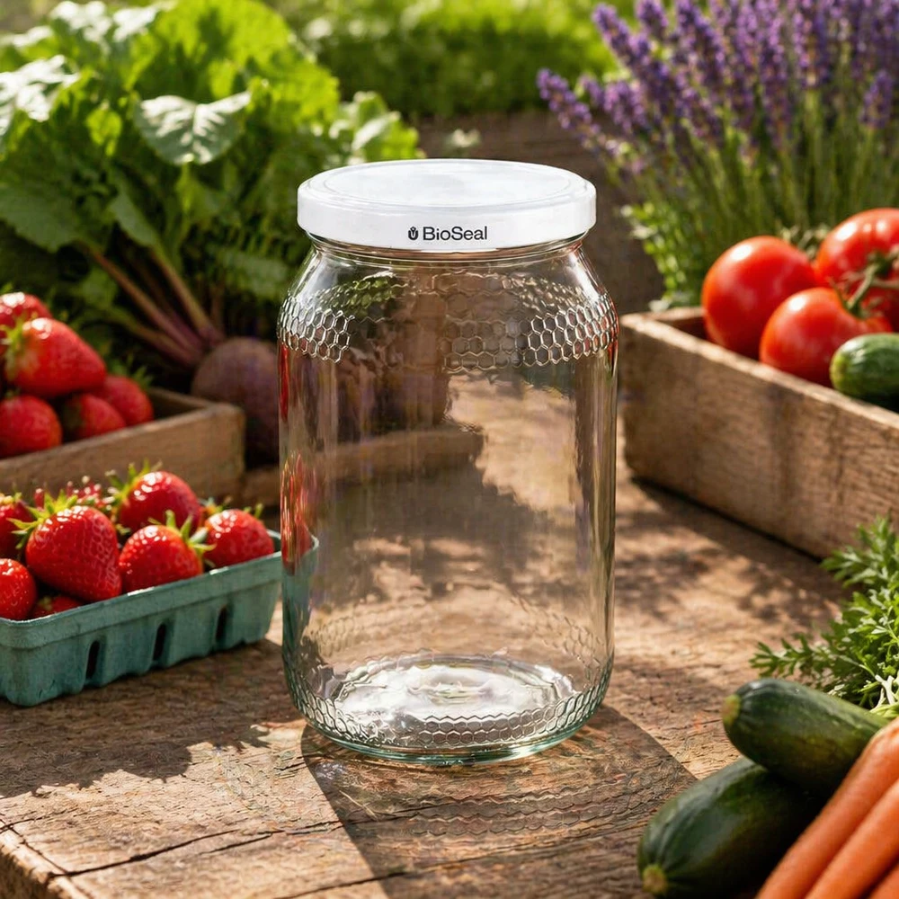 Frasco de mel de 900 ml com tampa BioSeal no jardim entre morangos frescos, tomates e ervas aromáticas como frasco de conserva