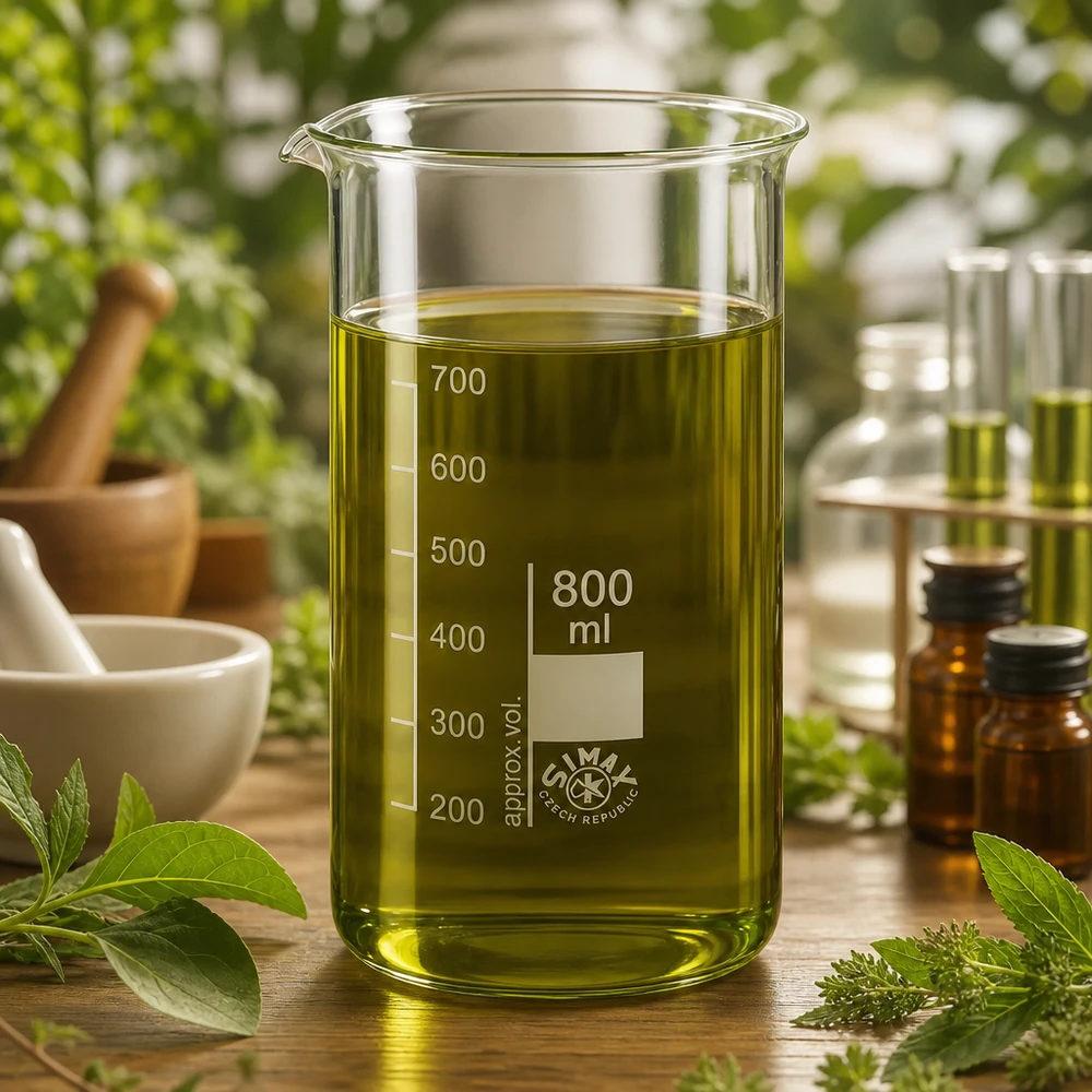 Copo de vidro de 800 ml, de formato alto, com extrato de ervas verdes sobre uma mesa de madeira, rodeado por ervas medicinais frescas