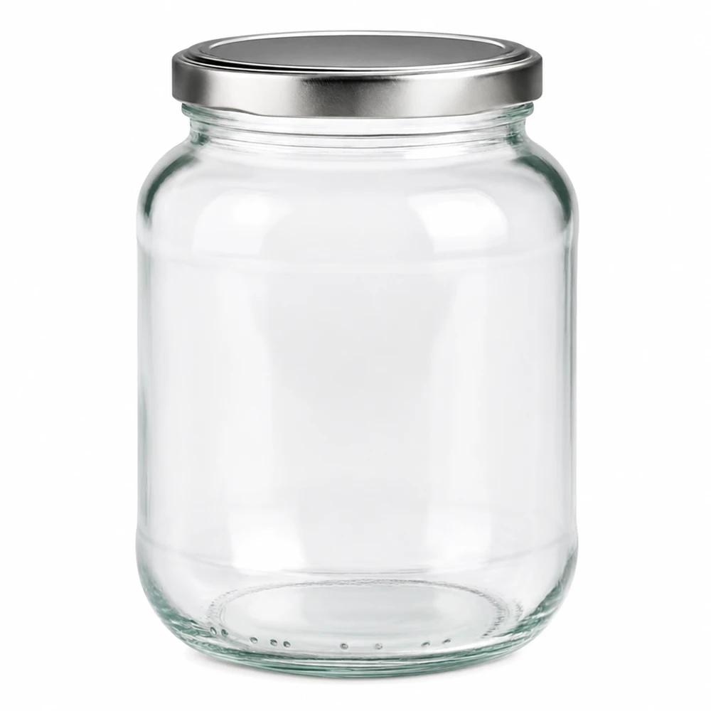 Frasco de conserva oval de 370 ml com tampa de rosca BasicSeal prateada para compotas e conservas