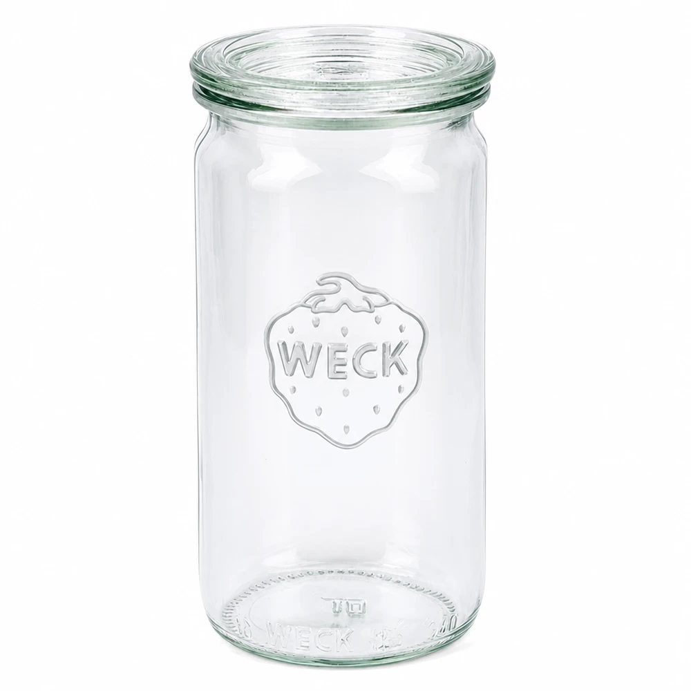 340ml Zylinderglas mit Glasdeckel WECK RR60 Frasco cilíndrico WECK 340ml com tampa de vidro Frasco de conserva RR60 transparente vazio sobre fundo branco