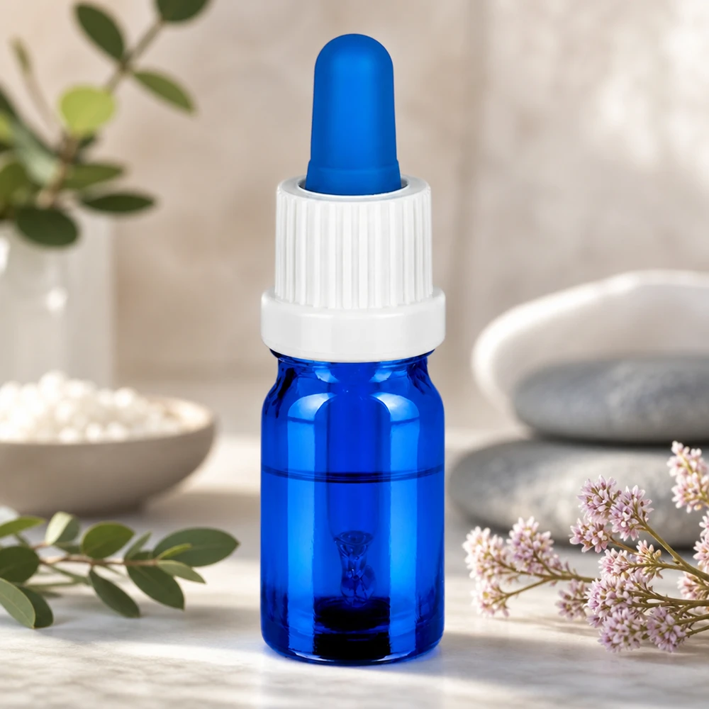 Frasco pipeta de 5 ml branco/azul com fecho inviolável BlueLine UT18/5 Frasco conta-gotas profissional de 5 ml com vidro azul e tampa branca para óleos de aromaterapia