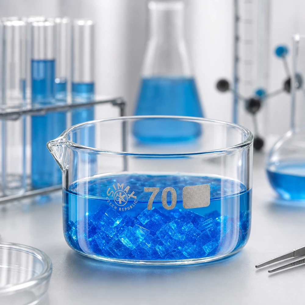 Prato de cristalização de 100ml com bico em borosilicato ø70mm Bandeja de cristalização Simax de 100 ml com líquido azul e cristais na bancada do laboratório