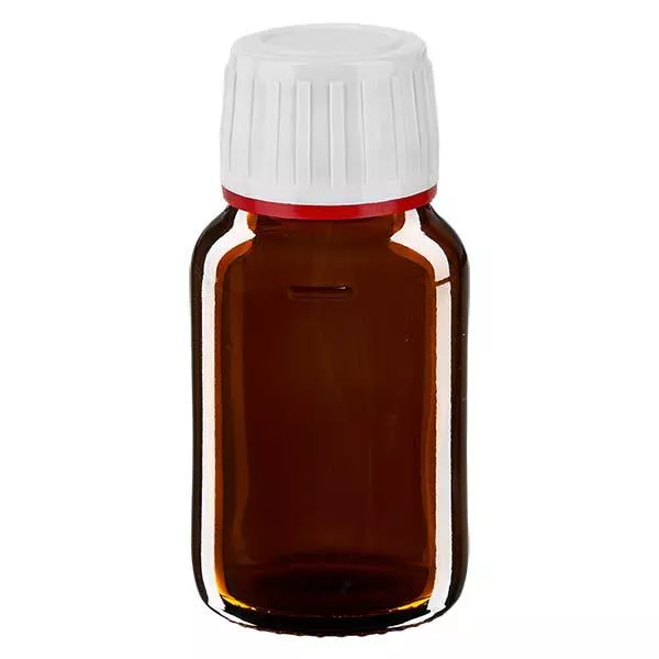 30ml Medizinflasche braun, Verschluss weiß mit Originalitätsring rot ApoGlas 30ml Medizinflasche braun, Verschluss weiß mit Originalitätsring rot ApoGlas