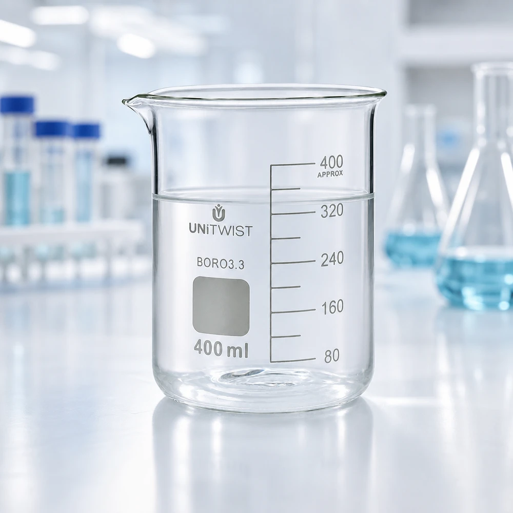 Copo de vidro UNiTWIST de 400 ml, de borossilicato 3.3, com bico vertedor e acessórios de laboratório brancos ao fundo