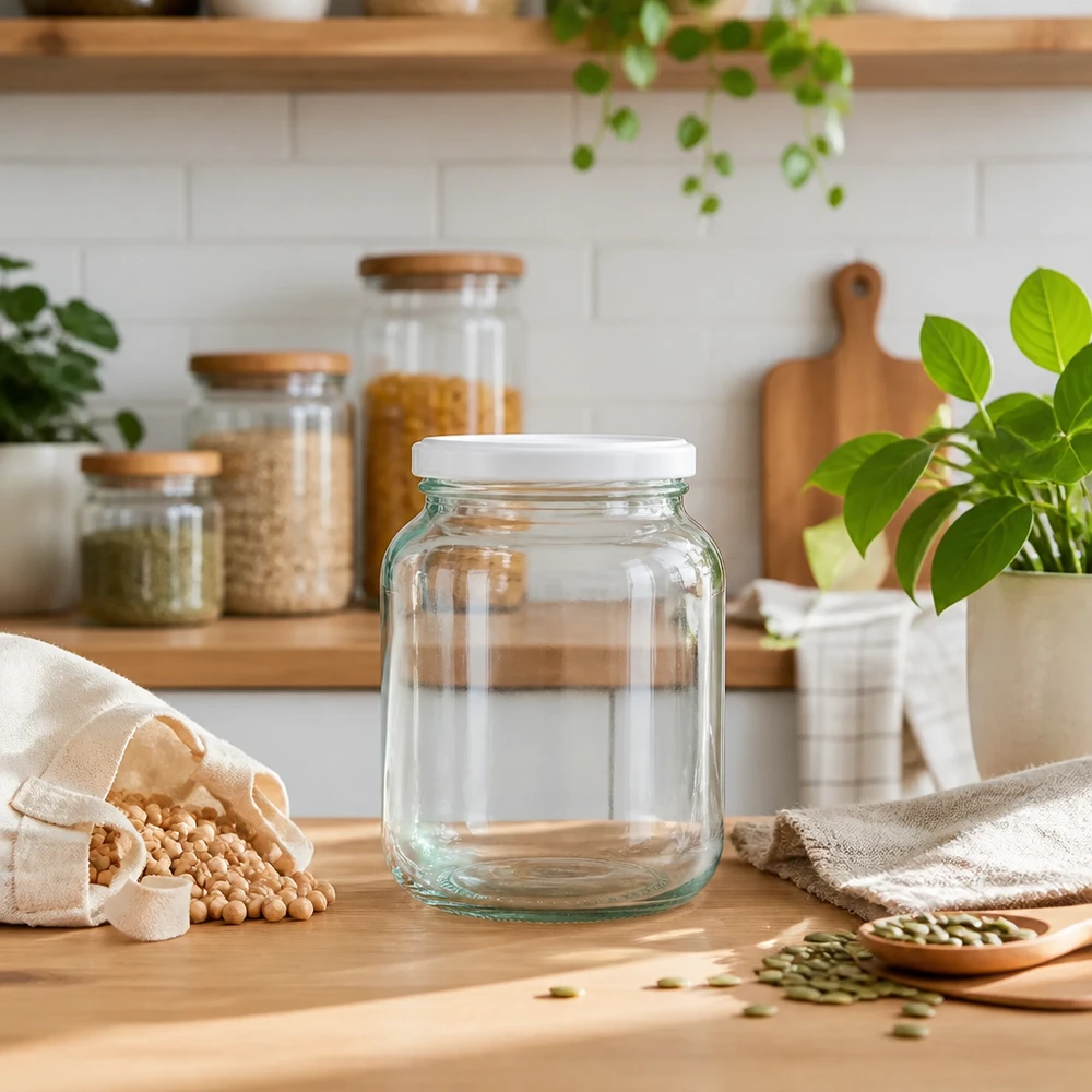 Frasco oval de 370 ml UNiTWIST com tampa BasicSeal branca em cozinha sustentável sem desperdício com legumes e plantas