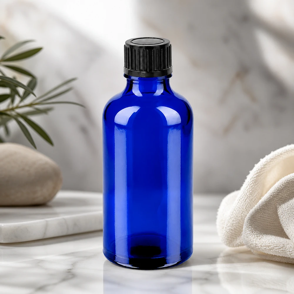 Frasco de vidro compacto de 50 ml em elegante azul-cobalto, ideal para séruns e essências