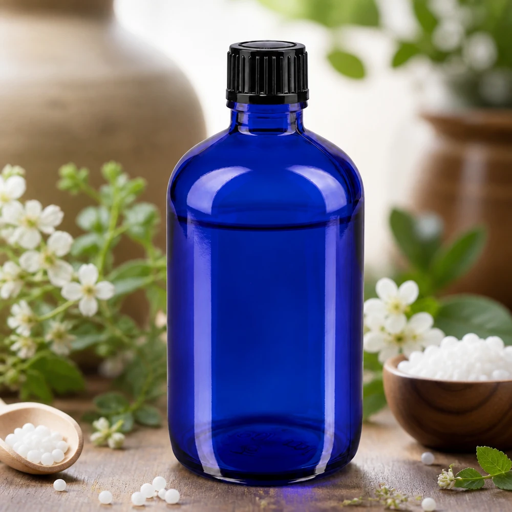 Frasco de vidro azul cobalto de 100 ml com conta-gotas de 1 mm, com um fundo de ervas e grânulos homeopáticos
