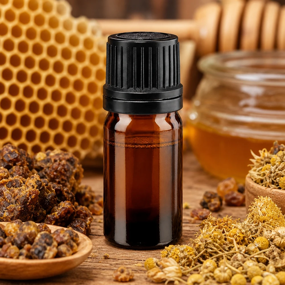 Frasco de farmácia castanho 5ml tampa de rosca preta anel de vazamento fecho inviolável Pequeno frasco de farmácia de 5 ml, em vidro castanho com tampa preta, com imagens de favos de mel e mel