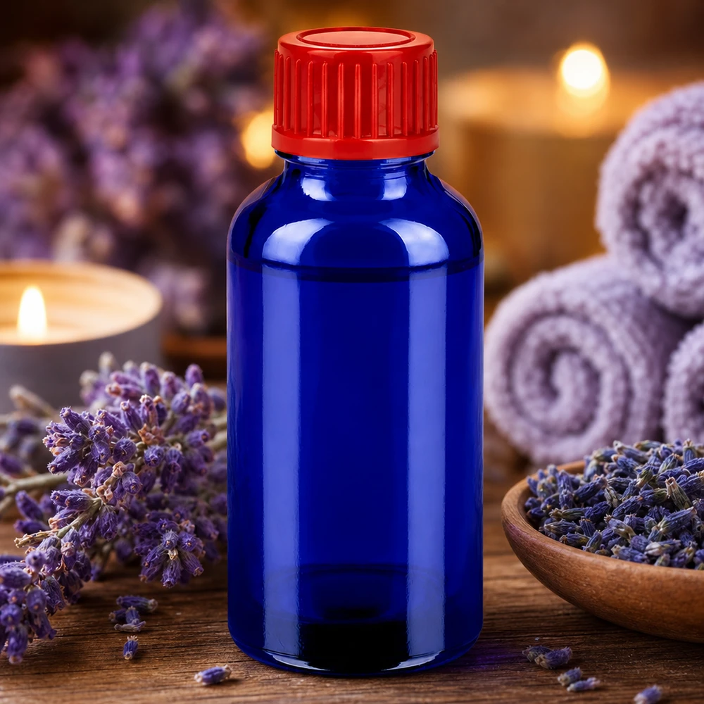 Frasco de vidro BlueLine de 30 ml de alta qualidade com tampa vermelha para aromaterapia e bem-estar