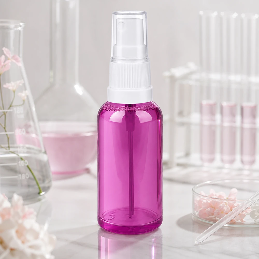 Pequeno frasco de spray de plástico de 50 ml em roxo transparente com prático acessório para spray