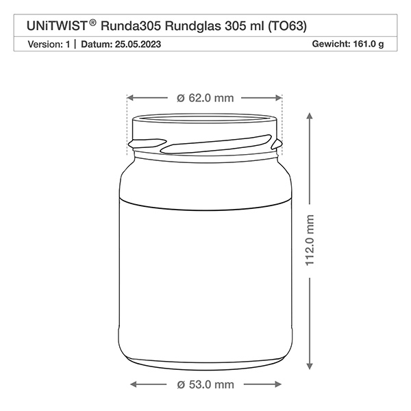 Frasco redondo de 305ml sem tampa (TO63) UNiTWIST UNiTWIST Runda305 Vidro redondo 305ml TO63 com desenho técnico Dimensões Diâmetro 62mm Altura 112mm Peso 161g