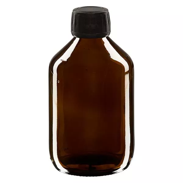 300ml Medizinflasche braun, Verschluss schwarz mit Originalitätsring ApoGlas 300ml Medizinflasche braun, Verschluss schwarz mit Originalitätsring ApoGlas