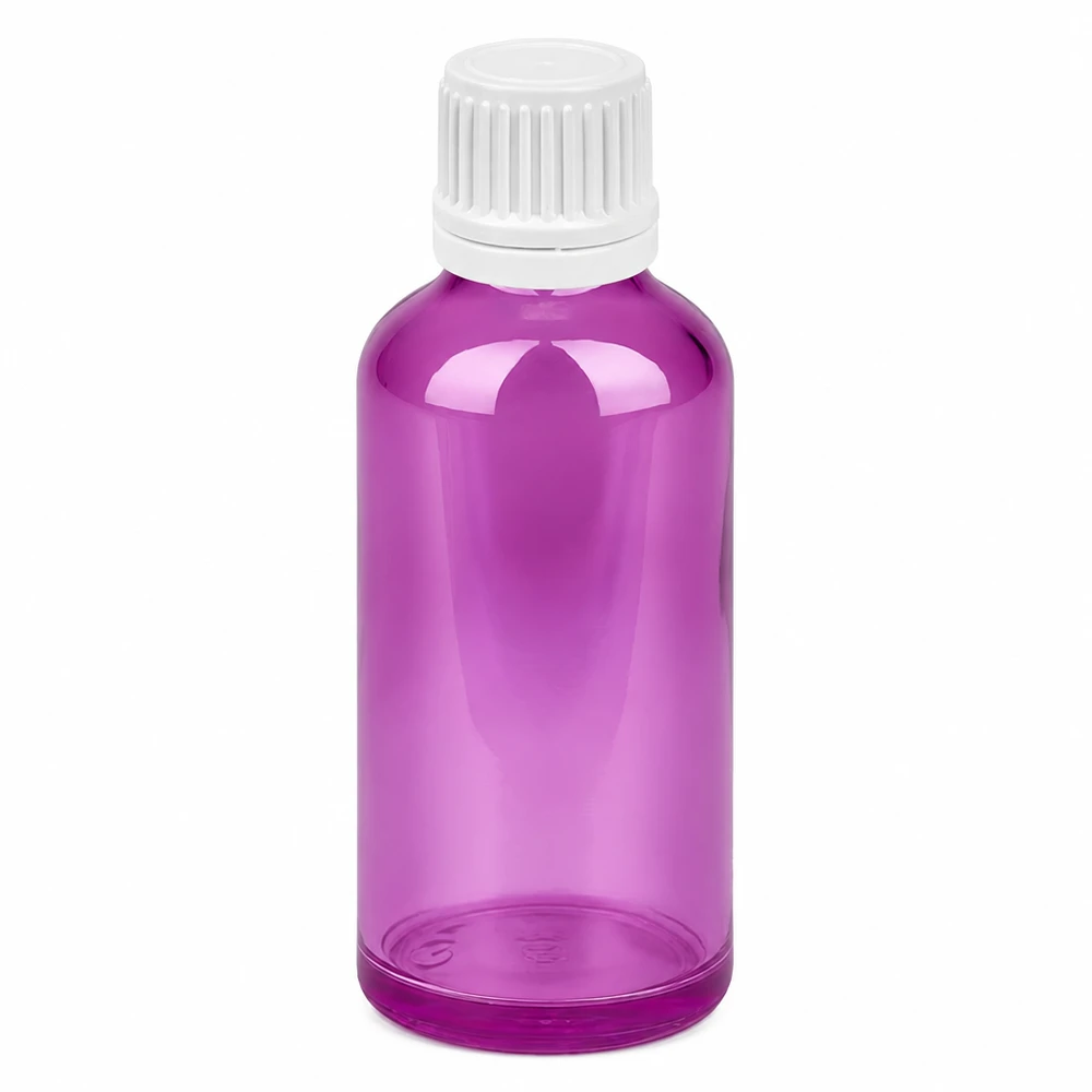 Frasco de 50 ml com tampa de rosca de 11 mm branca Originalidade tampa de rosca PurpleLine UT18/50 Frasco de vidro roxo de 50 ml com tampa de rosca branca para óleos essenciais e cosméticos