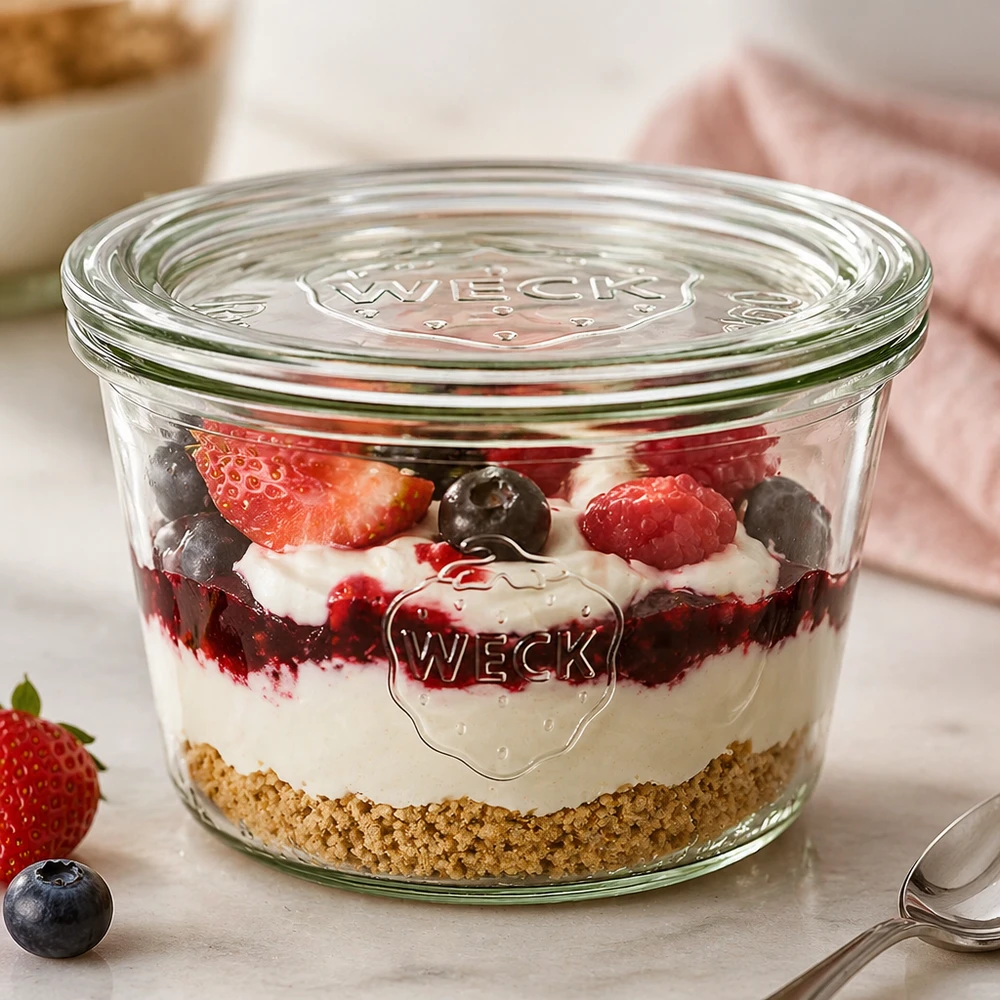 Copos WECK 370ml RR100 com sobremesa em camadas de creme à base de biscoitos e frutos silvestres utilizados como jarra de sobremesa