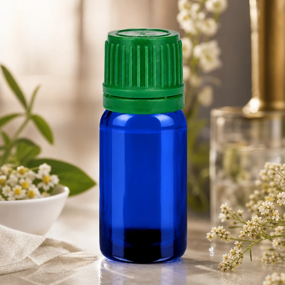 Frasco de vidro BlueLine de 5 ml com tampa verde antiderrapante para uma conservação segura