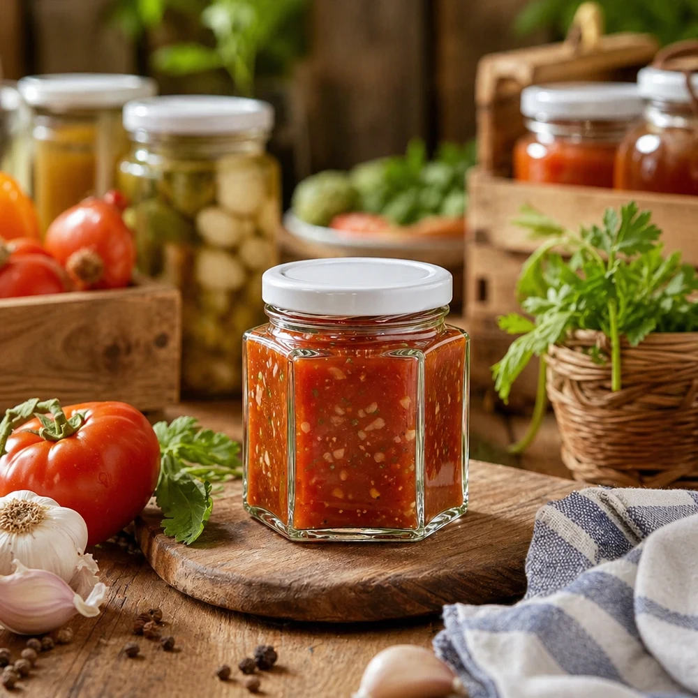 Frasco hexa de 47 ml com tampa BasicSeal branca UNiTWIST Frasco hexa de 47 ml com tampa BasicSeal cheio de molho de tomate entre tomates frescos e ervas aromáticas numa tábua de madeira