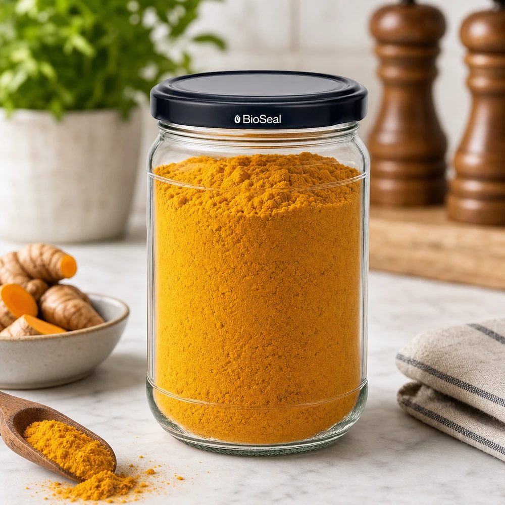 Frasco redondo de 305 ml + tampa BioSeal preta UNiTWIST UNiTWIST Runda305 Vorratsglas mit schwarzem BioSeal Deckel gefüllt mit Kurkuma in stylischer Küchenumgebung