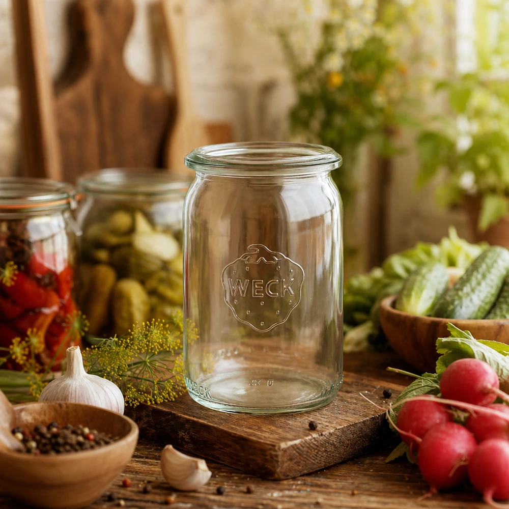 Frasco cilíndrico de 145ml WECK RR40 Frasco cilíndrico WECK RR40 de 145 ml numa cozinha rústica, decorado com legumes frescos e ingredientes de conservação