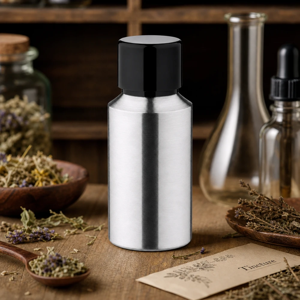 Frasco de alumínio polido de 30 ml com tampa preta, ideal para essências e tinturas de ervas