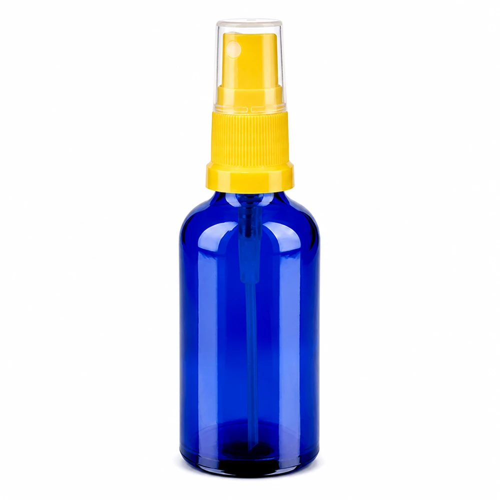 Frasco de spray de 50 ml azul com cabeça de spray de vidro amarelo para cosméticos e óleos essenciais