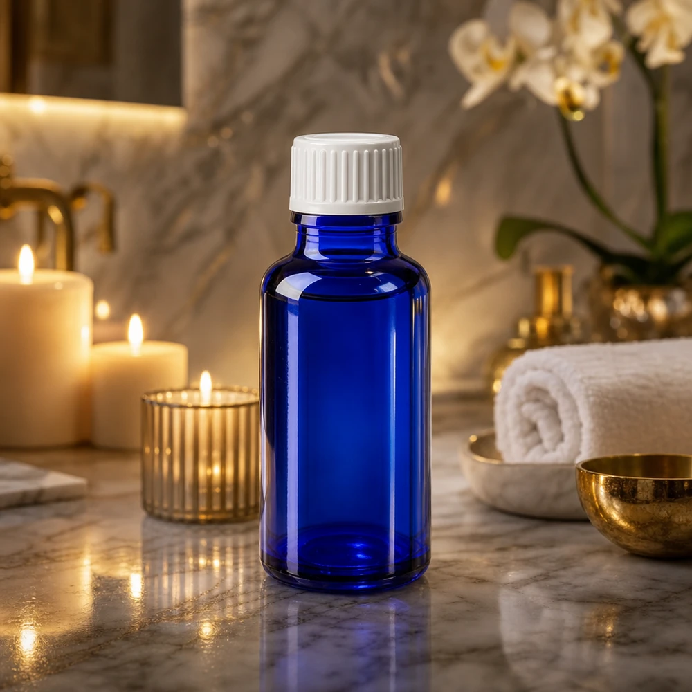 Frasco de farmácia azul 20ml tampa de rosca branco globules standard Frasco de vidro azul cobalto de 20 ml com tampa branca com segurança para crianças, para óleos essenciais