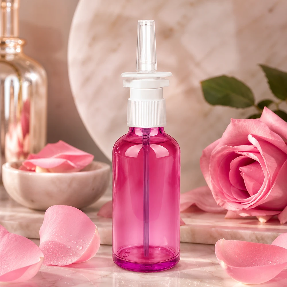Frasco compacto de plástico de 50 ml em spray nasal numa elegante cor púrpura para uma dosagem precisa