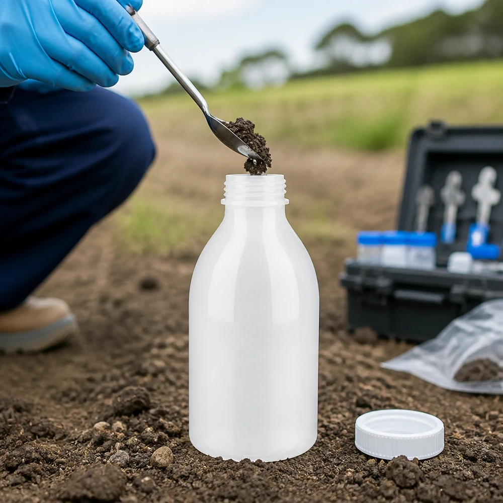 Frasco de laboratório de 250 ml com gargalo estreito e sem tampa Frasco de laboratório de gargalo estreito de 250 ml, sem tampa, durante o enchimento com amostra do solo em campo aberto